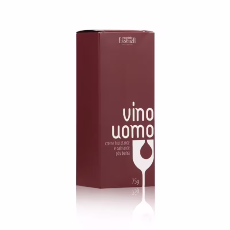Caixa de papel marrom contendo o produto "Vino uomo", uma creme hidratante e calmante para homens da marca Empório Essenza Serra Gaúcha, com volume de 75g.