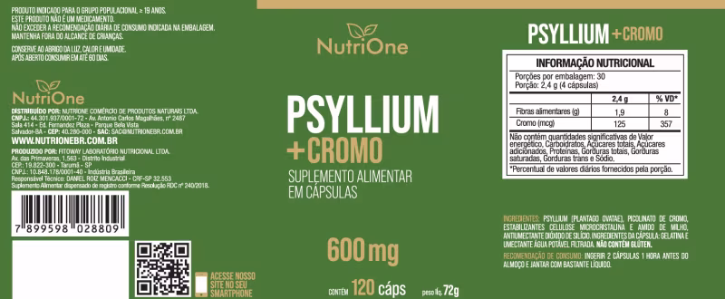 Psyllium + Picolinato De Cromo 120 Cápsulas 600mg - Nutrione