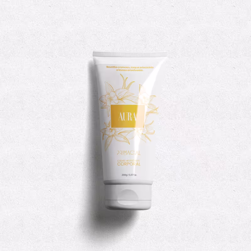 Tubo branco com rótulo amarelo e flores estilizadas, contendo creme corporal da marca Primacial Aura, com 200g de produto.