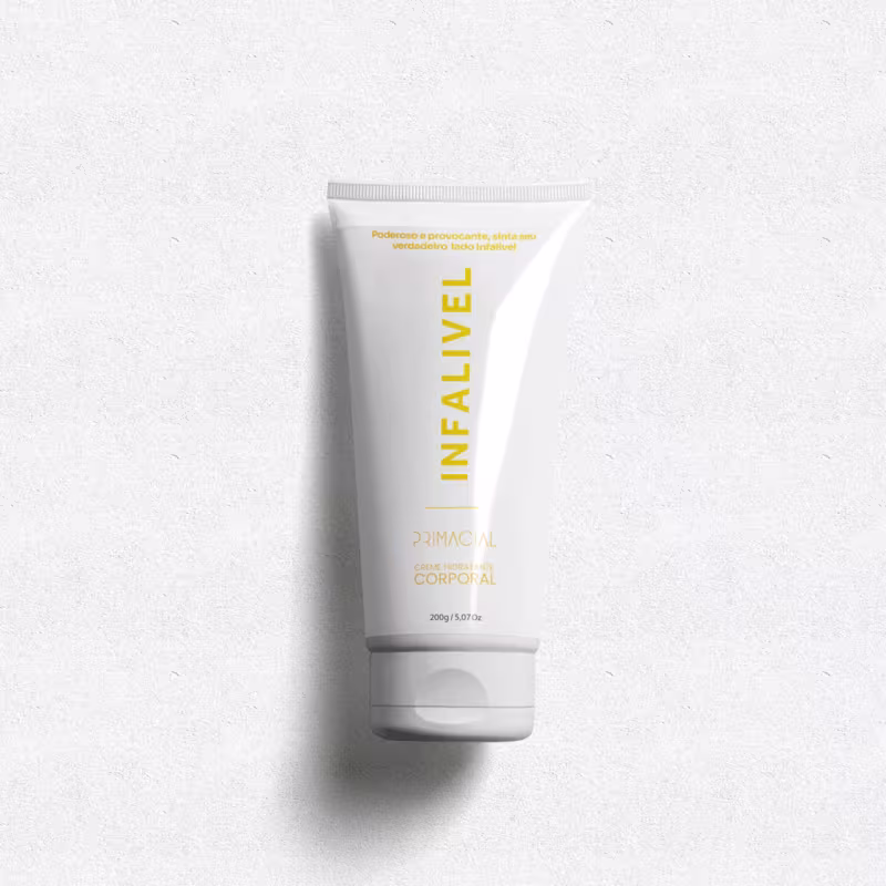 Tubo branco de creme corporal da marca Primacial, com rótulo amarelo destacando o nome "Infallivel" e informações sobre o produto.