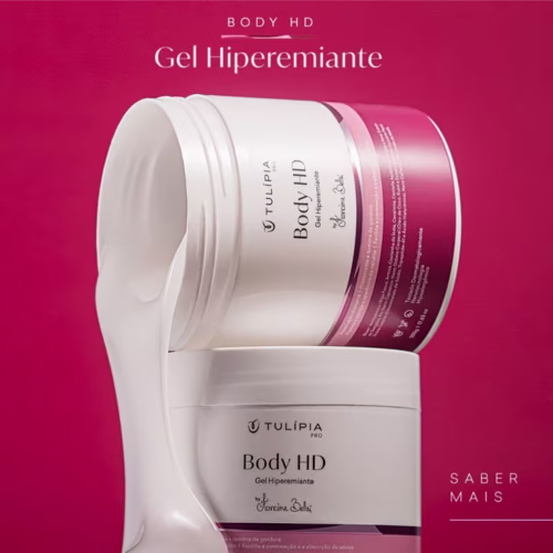 Gel Hiperemiante Body HD da linha Tulípia Cosméticos. Embalagem plástica cilíndrica branca com tampa rosada.