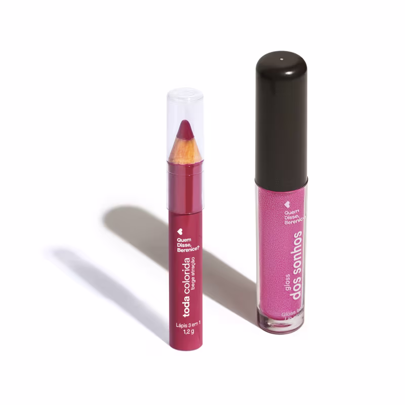 A imagem mostra um lápis labial multifuncional rosa com tampa transparente e um gloss em embalagem cilíndrica em fundo branco.