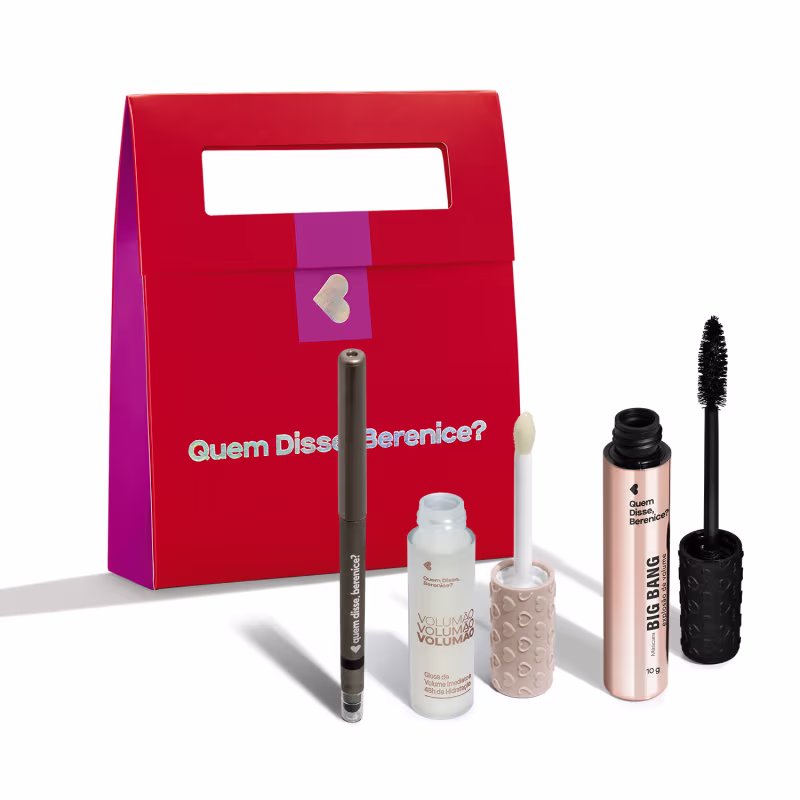 Lápis para olhos, máscara de cílios, gloss transparente e bolsa presenteável.