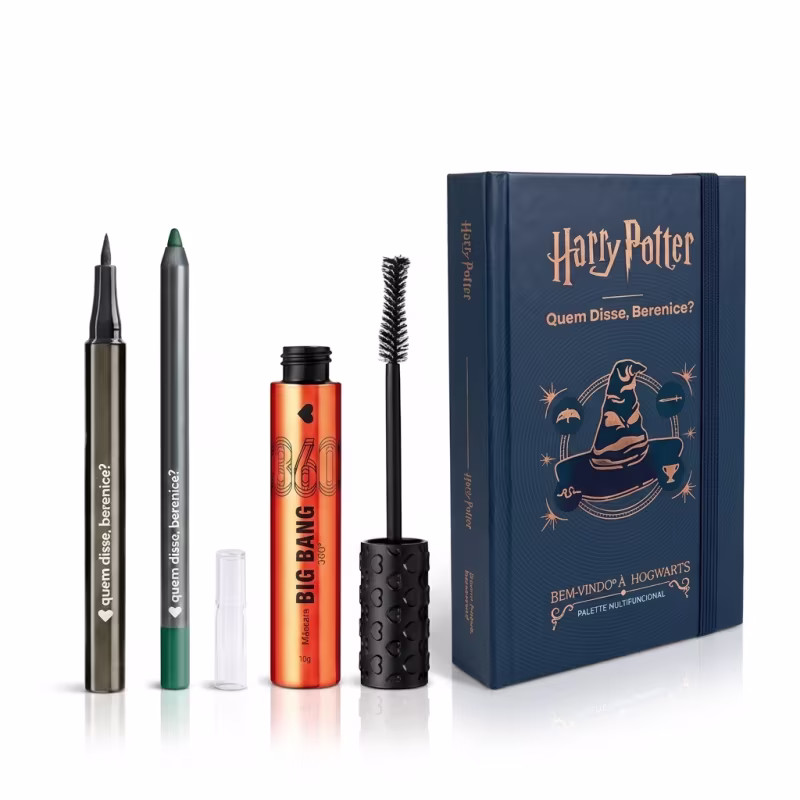 Combo Make QDB: Lápis Para Olhos Verde + Paleta Harry Potter 54g + Caneta Delineadora 1ml + Máscara de Cílios Big Bang 360 10g