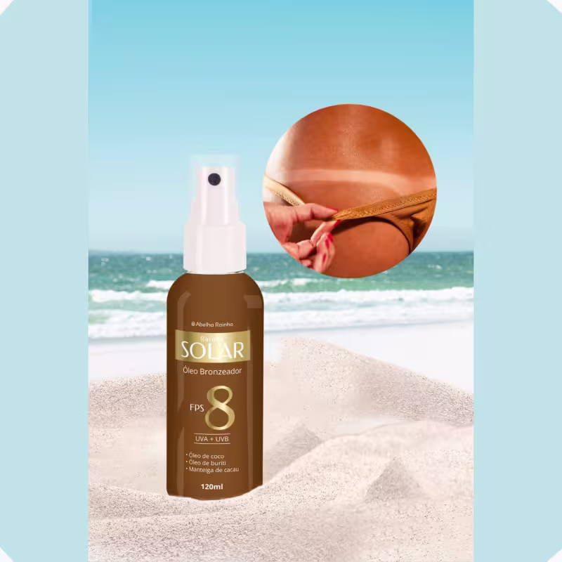 Óleo Bronzeador FPS 8 UVA + UVB Com Óleo de Coco e Buriti Manteiga de Cacau Rainha Solar Abelha Rainha 120ml REF 3450