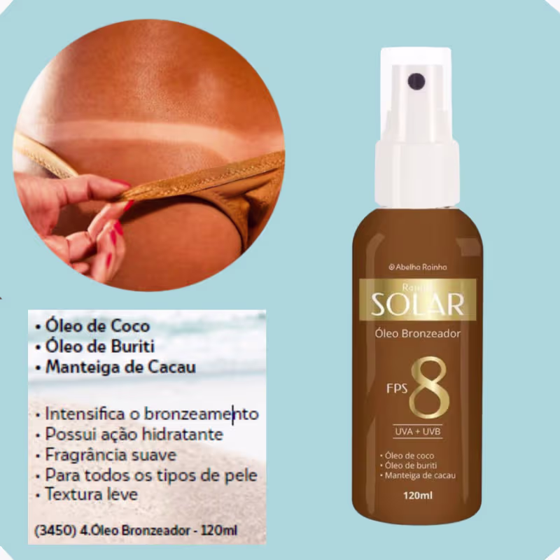 Óleo Bronzeador FPS 8 UVA + UVB Com Óleo de Coco e Buriti Manteiga de Cacau Rainha Solar Abelha Rainha 120ml REF 3450