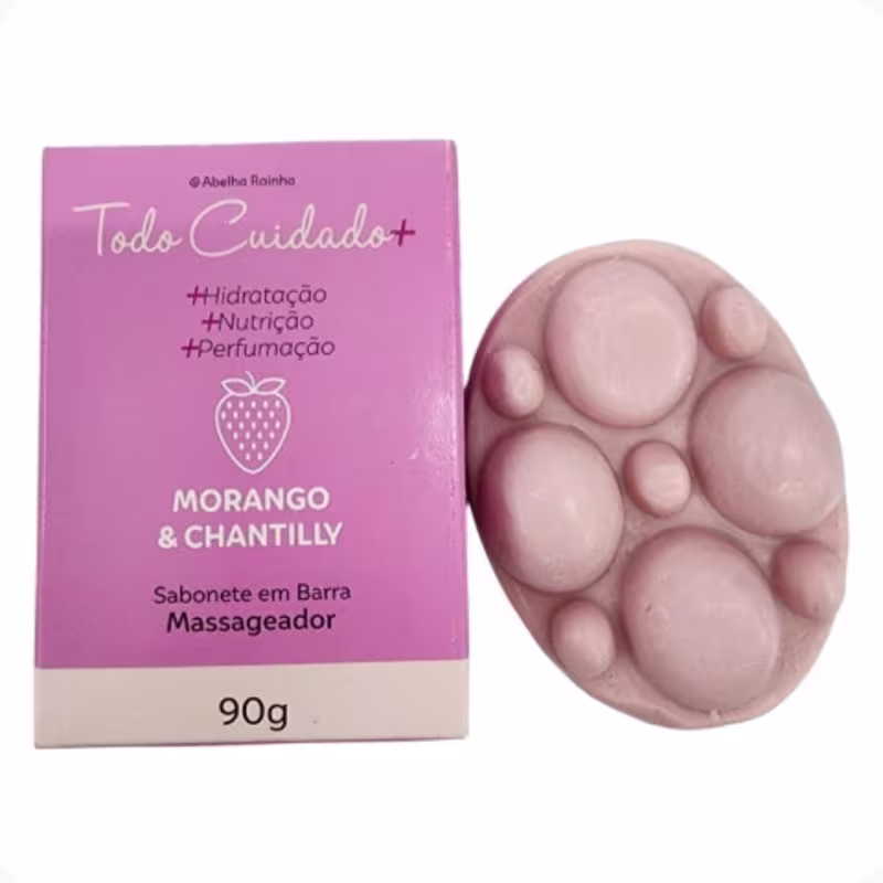 Sabonete em Barra Massageador Abelha Rainha Todo Cuidado+ Morango & Chantilly, 90g.