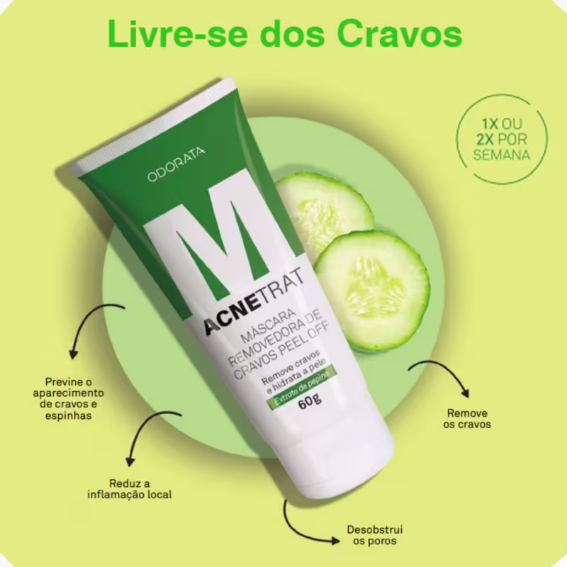 Máscara Facial Removedora de Cravos Peel Off Antiacne Com Pepino AcneTrat 60g Odorata REF 4627