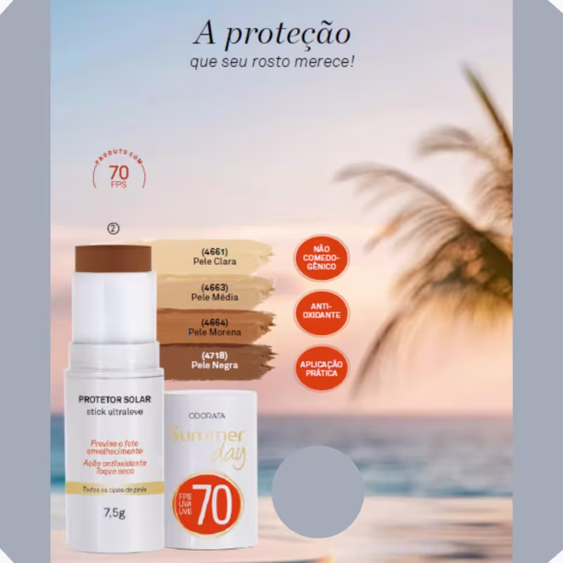 Protetor Solar Stick Ultraleve FPS 70 Cor Pele Morena Fácil Aplicação Seca Rápido Summer Day Odorata REF 4664