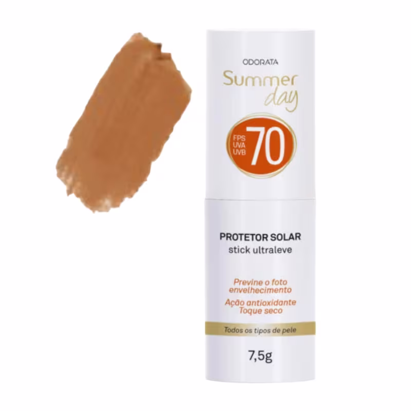 Protetor Solar Stick Ultraleve FPS 70 Cor Pele Morena Fácil Aplicação Seca Rápido Summer Day Odorata REF 4664