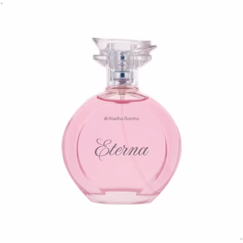 Frasco de perfume Eterna da marca Abelha Rainha, com design elegante e embalagem rosa claro. O rótulo apresenta o nome da fragrância em destaque.