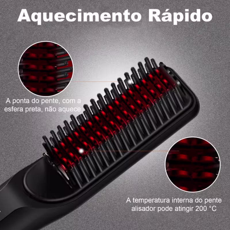Escova Alisadora Portátil Sem Fio Íons Negativos 3 Temperaturas Recarregável USB-C Anti Frizz