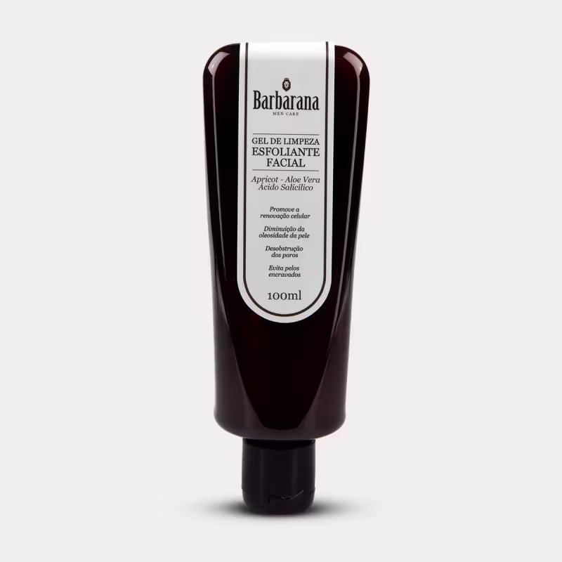 Gel de limpeza esfoliante facial da marca Barbarana. A embalagem é um tubo preto e branco com o nome da marca e as informações sobre o produto destacadas. O tubo contém 100ml de produto e possui uma tampa preta na parte superior.