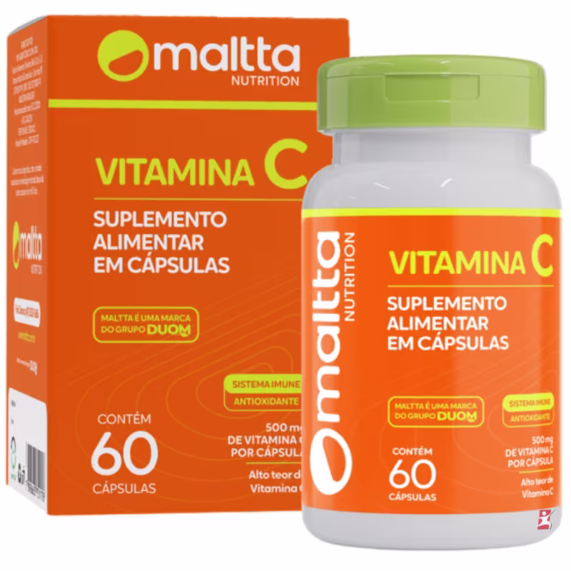 Caixa laranja e verde com o nome "Maltta Nutrition" e "Vitamina C" em destaque. Frasco branco com tampa verde contendo 60 cápsulas de suplemento alimentar de vitamina C.