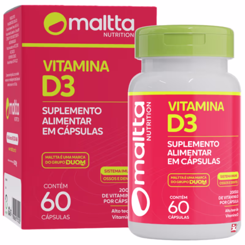 Caixa vermelha e verde com o logotipo da Maltta Nutrition contendo 60 cápsulas de Vitamina D3, um suplemento alimentar em cápsulas.