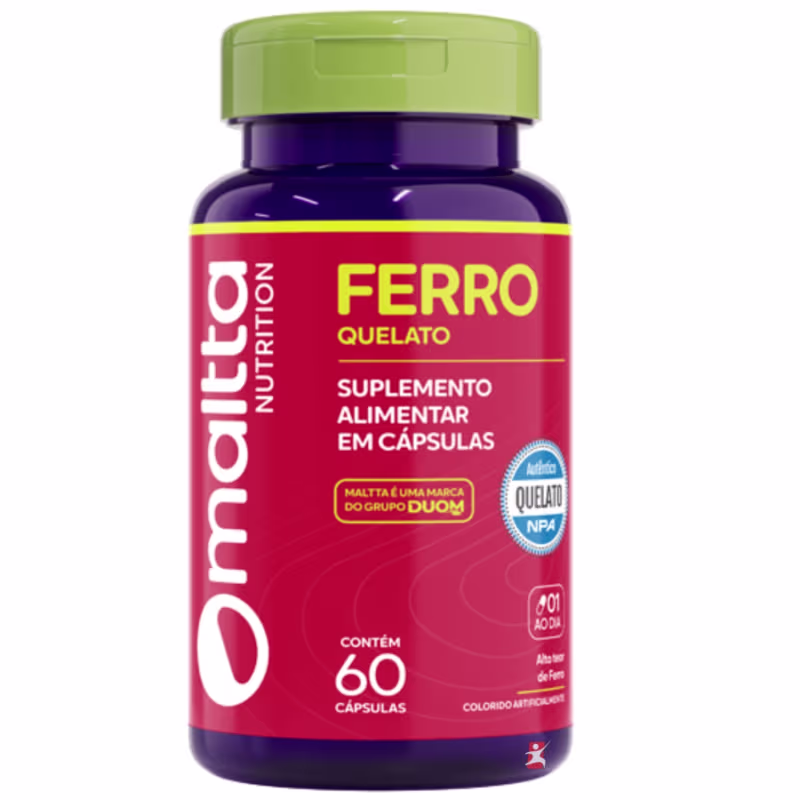 O produto é um suplemento alimentar em cápsulas da marca Maltta Nutrition, chamado Ferro Quelato. A embalagem é um frasco roxo e verde com rótulo informativo sobre o conteúdo e benefícios do produto.
