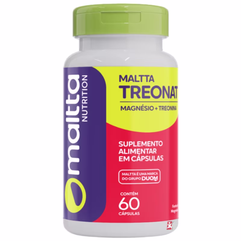 Suplemento alimentar em cápsulas da marca Maltta Nutrition, contendo magnésio e treonina. O frasco possui tampa verde e rótulo com informações sobre o produto em cores vibrantes de amarelo e vermelho.