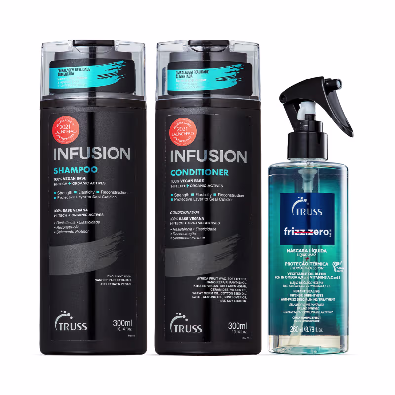 A imagem mostra três produtos da marca TRUSS: shampoo e condicionador Infusion 300ml cada e máscara líquida Frizz Zero de 260ml.