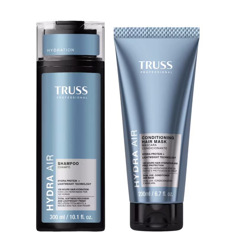 O produto de beleza da marca TRUSS consiste em um frasco de shampoo de 300 ml e um tubo de máscara condicionadora de 200 ml, ambos em tons de azul e cinza com o logotipo da marca.