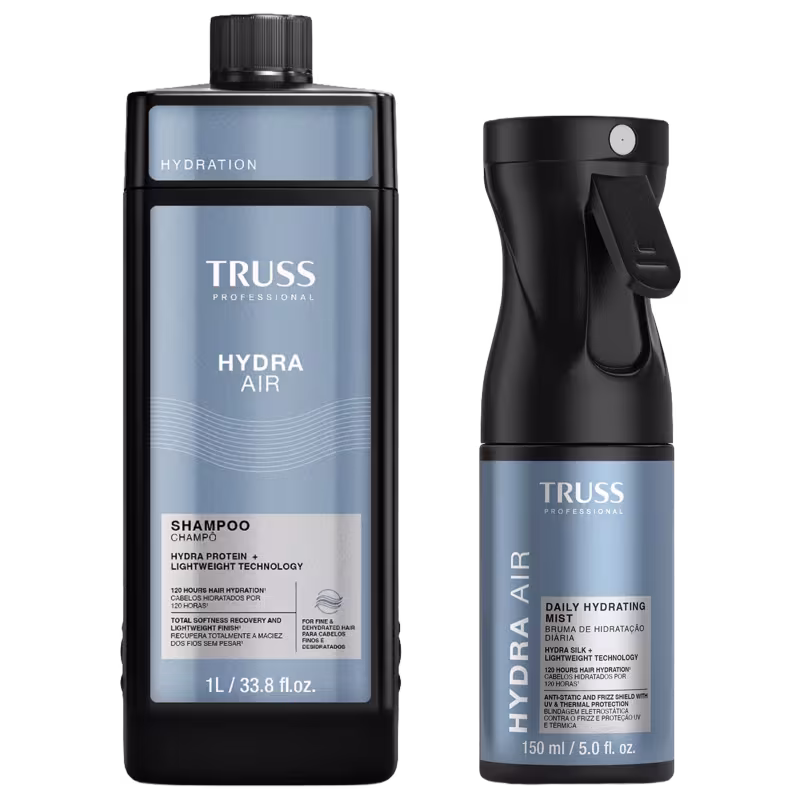 O produto de beleza da marca TRUSS consiste em um frasco de shampoo Hydra Air de 1 litro e um frasco de spray hidratante diário de 150 ml, ambos em embalagens pretas e azuis com o logotipo da marca.
