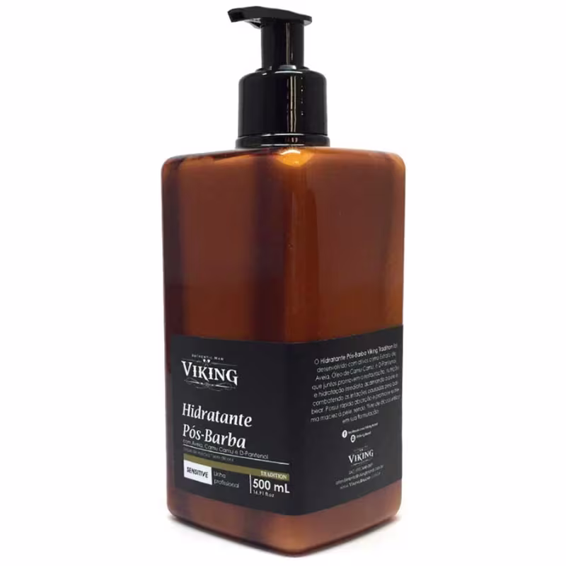 Frasco de plástico âmbar com bomba dosadora preta, contendo 500 mL de hidratante pós-barba da marca Viking. O rótulo apresenta o nome do produto em destaque e informações sobre sua fórmula sensível.