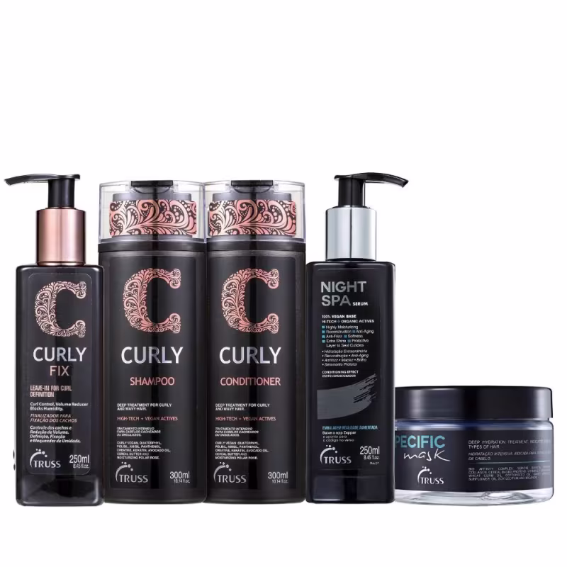 Kit Truss Curly - Shampoo 300ml + Condicionador 300ml + Leave-In Fix 250ml + Night Spa 250ml + Máscara Specific 180g