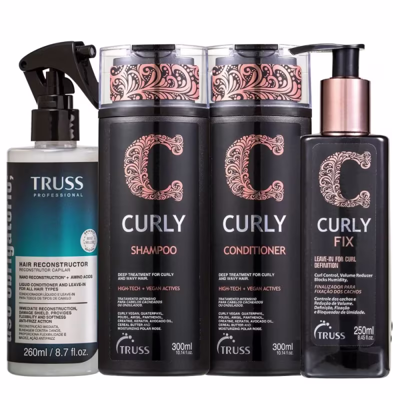 Kit Truss Curly - Shampoo 300ml + Condicionador 300ml + Leave-in Fix 250ml + Uso Obrigatório 260ml