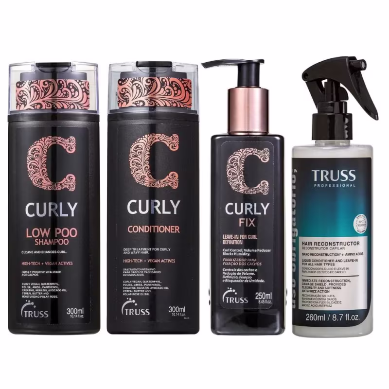 Kit Truss Curly - Shampoo Low-Poo 300ml + Condicionador 300ml + Leave-In Fix 250ml + Uso Obrigatório 260ml