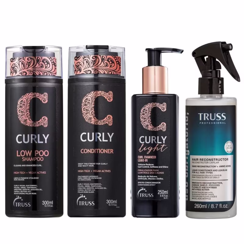 Kit Truss Curly - Shampoo Low-Poo 300ml + Condicionador 300ml + Leave-In Light 250ml + Uso Obrigatório 260ml