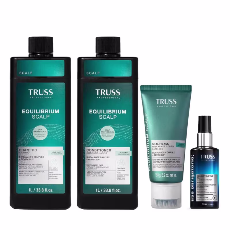 Kit Truss Equilibrium Scalp -- Shampoo 1L + Condicionador 1L + Máscara 150g + Uso Obrigatório Óleo 60ml