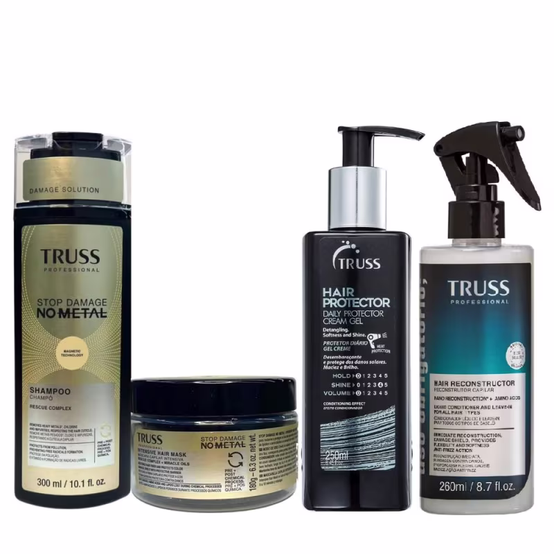 Kit Truss Stop Damage No Metal - Shampoo 300ml + Máscara 180g + Uso Obrigatório 260ml + Protector 250ml