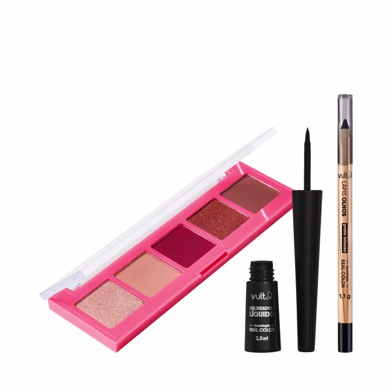 Paleta de sombras em tons quentes, lápis delineador líquido e lápis de olho em embalagens pretas e rosa da marca Vult. O conjunto inclui uma variedade de cores como marrom, dourado e vermelho.
