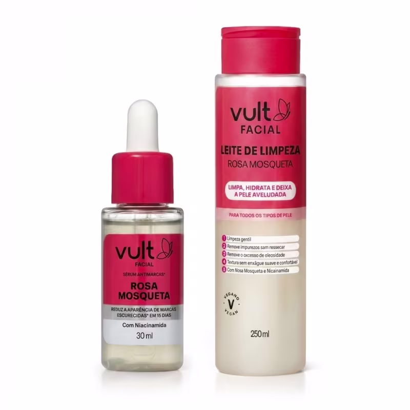 Dois produtos da marca Vult Facial: um sérum antimarcas de rosa mosqueta em frasco de 30ml e um leite de limpeza de rosa mosqueta em embalagem de 250ml, ambos com cores predominantes em vermelho e branco.