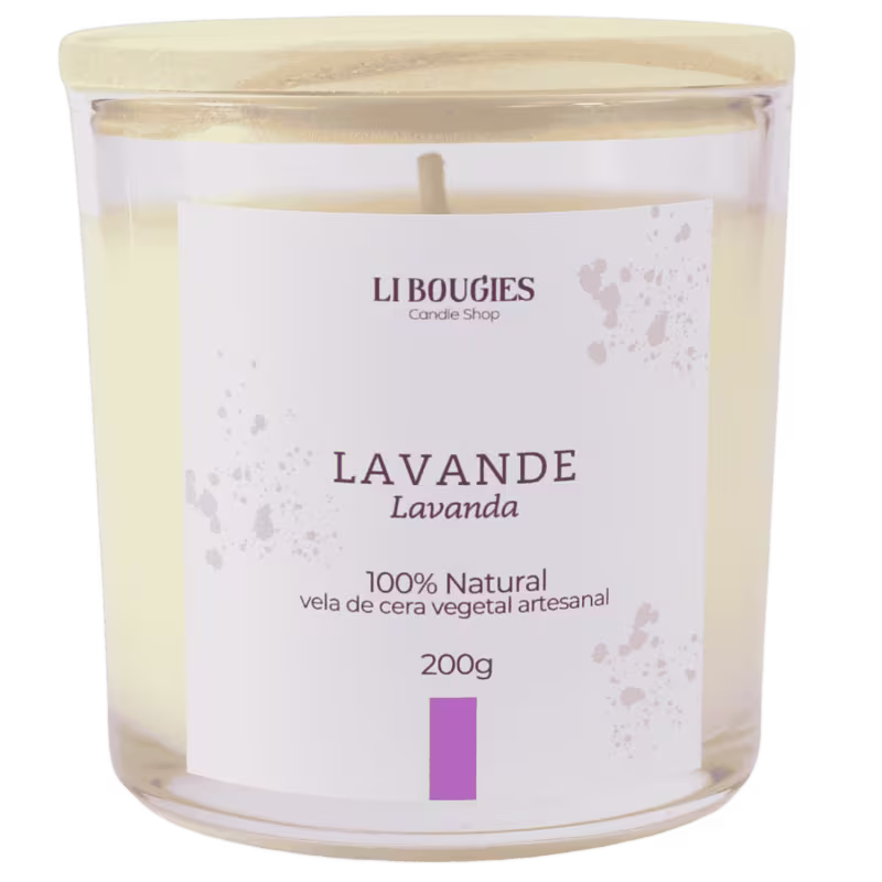 Vela de cera vegetal artesanal da marca LIBOUGIES, com o aroma de lavanda. A embalagem é um recipiente de vidro transparente com tampa, contendo 200g do produto. O rótulo exibe o nome do produto "LAVANDE Lavanda"