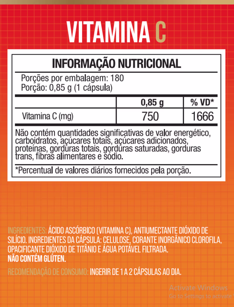 Vitamina C 750mg 180 Cápsulas - Nutrione