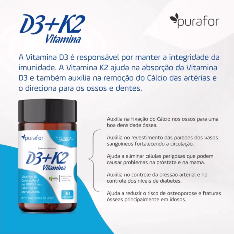 Vitamina D3 + K2 Purafor 30 Caps Imunidade e Saúde Óssea
