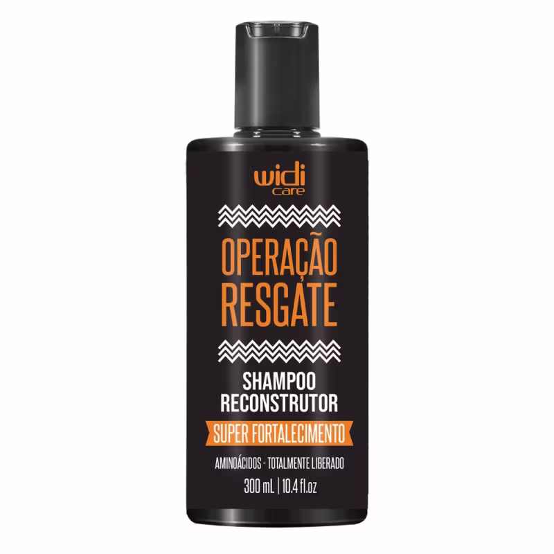 Frasco preto de shampoo reconstrutor da marca Widi Care, com rótulo destacando "Operação Resgate" e "Super Fortalecimento". Embalagem com 300 ml, contendo informações sobre aminoácidos totalmente liberados.