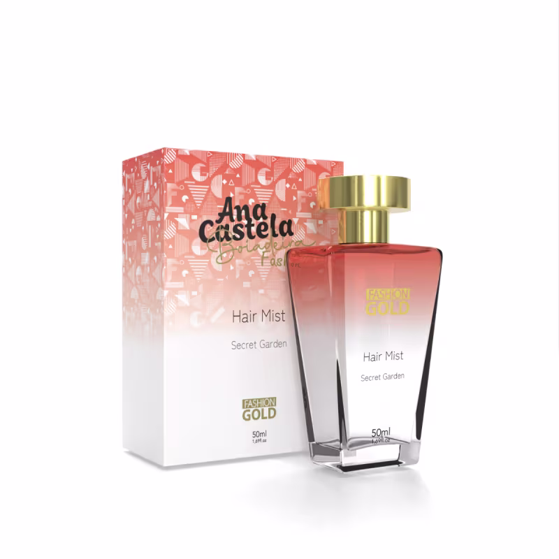 Frasco de perfume da linha Fashion Gold da marca Ana Castela, com 50ml de capacidade, em embalagem com design geométrico em tons de laranja e branco, contendo a descrição "Hair Mist Secret Garden".