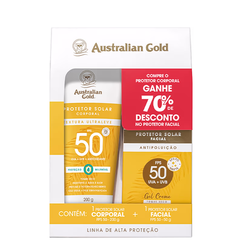 Caixa com protetor solar corporal e facial, ambos fps 50. Texto descreve linha de alta proteção, compre o protetor solar corporal 200g e ganhe 70% de desconto no protetor solar facial 50g.