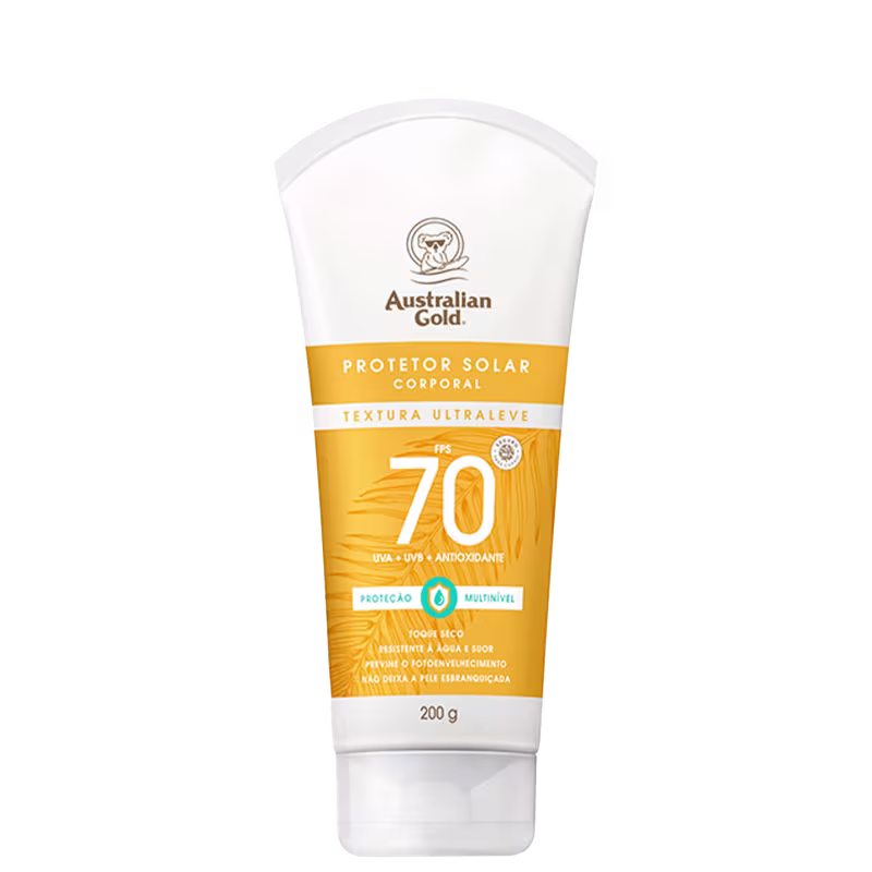 Embalagem em bisnaga na cor branca com rótulo amarelo. 200g. Texto de descrição informa textura ultraleve, fps 70 e toque seco.