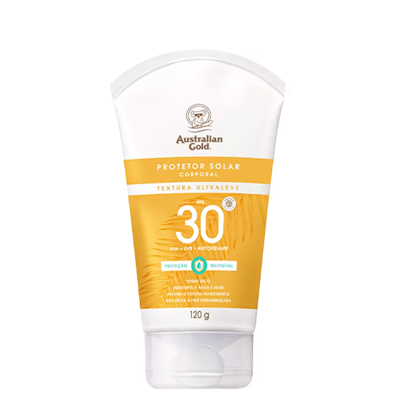 Embalagem em bisnaga na cor branca com rótulo amarelo. 120g. Texto de descrição informa textura ultraleve, fps 30 e toque seco.