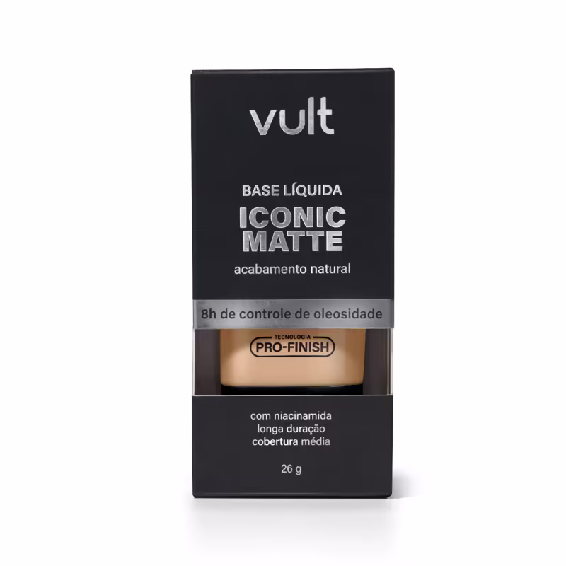 Caixa preta com logotipo Vult, contendo base líquida matte com acabamento natural e controle de oleosidade, com tecnologia Pro-Finish e mais informações sobre duração e cobertura.
