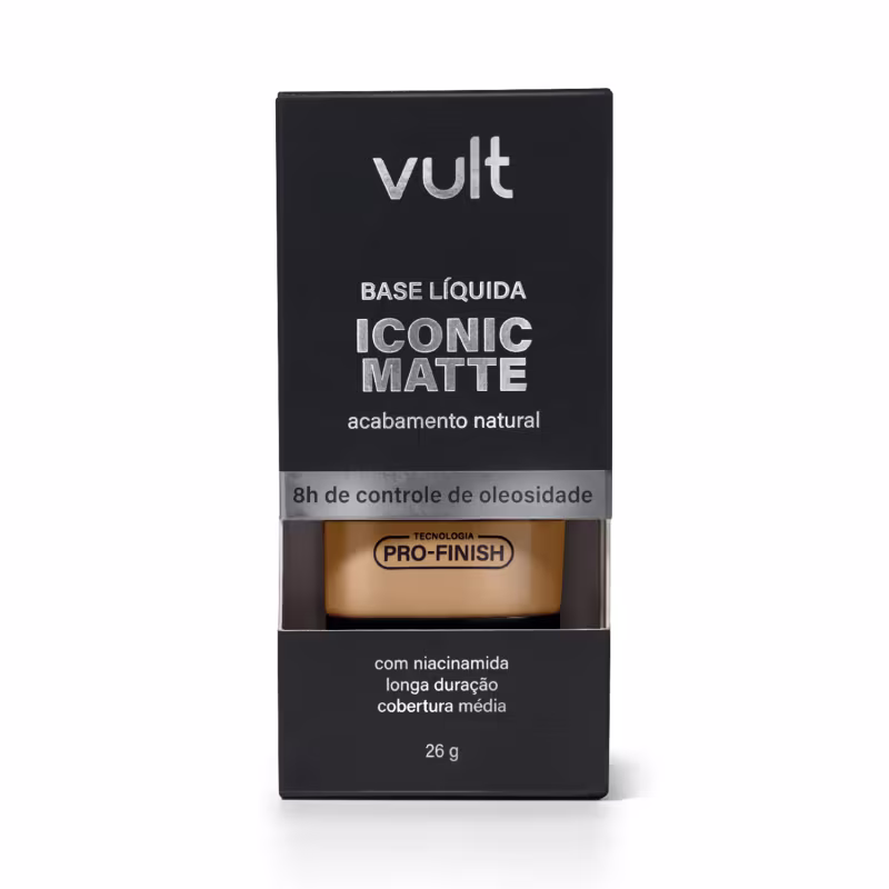 Caixa preta com logotipo Vult, contendo base líquida matte com acabamento natural e controle de oleosidade, com tecnologia Pro-Finish e mais informações sobre duração e cobertura.
