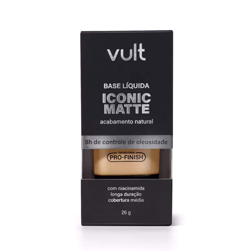 Caixa preta com logotipo Vult, contendo base líquida matte com acabamento natural e controle de oleosidade, com tecnologia Pro-Finish e mais informações sobre duração e cobertura.
