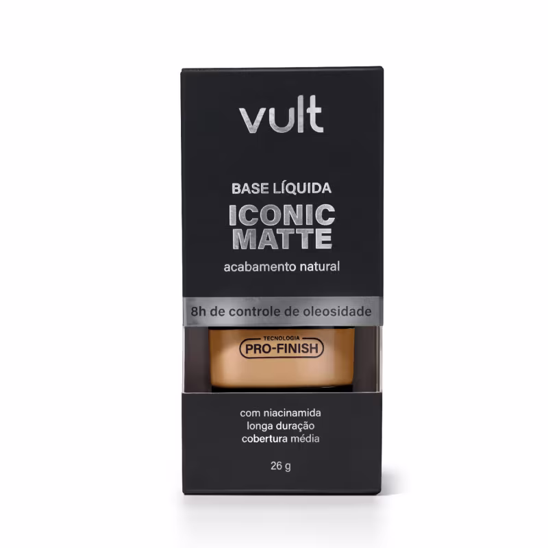 Caixa preta com logotipo Vult, contendo base líquida matte com acabamento natural e controle de oleosidade, com tecnologia Pro-Finish e mais informações sobre duração e cobertura.

