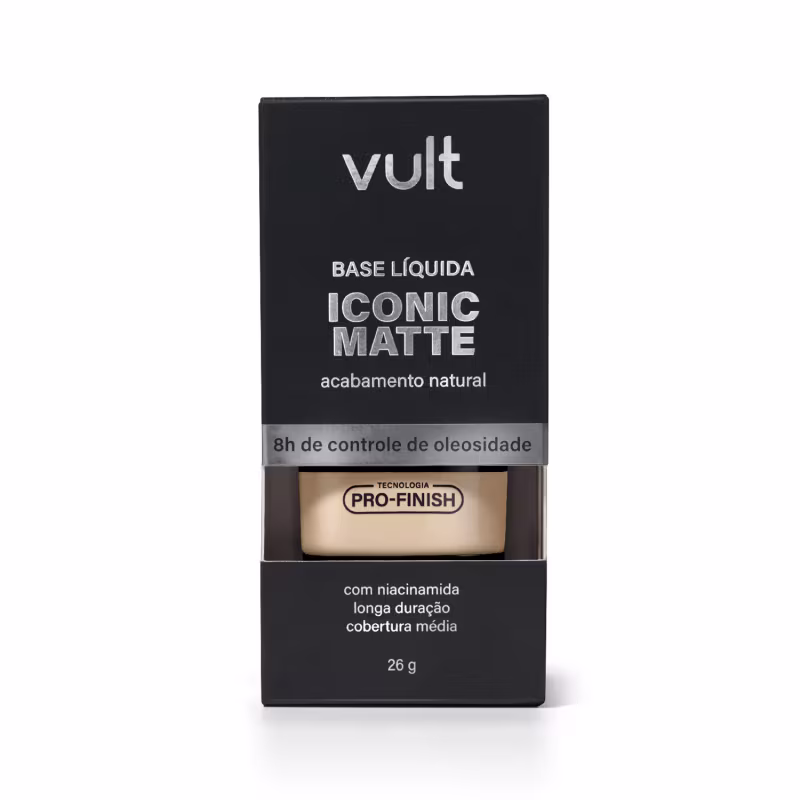 Caixa preta com logotipo Vult, contendo base líquida matte com acabamento natural e controle de oleosidade, com tecnologia Pro-Finish e mais informações sobre duração e cobertura.