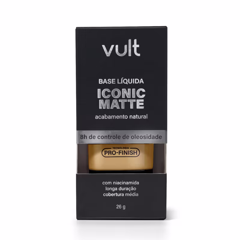 Caixa preta com logotipo Vult, contendo base líquida matte com acabamento natural e controle de oleosidade, com tecnologia Pro-Finish e mais informações sobre duração e cobertura.
