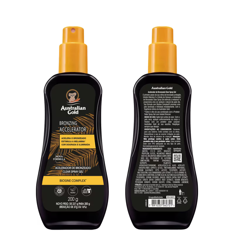 Bronzeador Spray Gel com rótulo amarelo e texto "Australian Gold Bronzing Accelerator". O frasco contém um produto de bronzeamento em spray com fórmula Biosine Complex, indicado para acelerar o bronzeado.