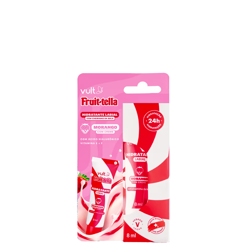 Imagem da embalagem do produto, toda colorida em rosa, vermelho e branco com desenhos de morango e ondas ilustradas que representam a cremosidade.