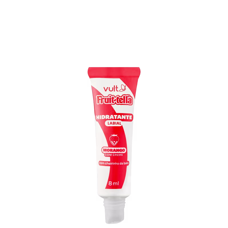 Produto de hidratação labial da marca Vult, linha Fruittella. Embalagem tubular vermelha e branca com tampa protetora. Rótulo indicando sabor morango com creme e cheirinho de bala. Contém 8ml.